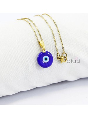 Biuti Lacivert El Yapımı Nazar Boncuğu Gold Renkli Zincirli Çelik Kolye, Hediyelik Kolye