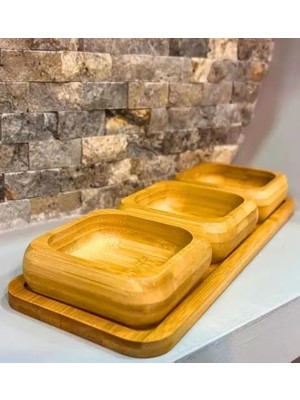 SÜS Bambu 3'lü Ahşap Sunum Seti Kahvaltılık Çerezlik Reçellik Tepsili Şık ve Pratik Servis Ürünü (Kare)