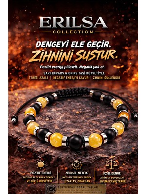 Tesbih Atölyesi Erilsa Sertifikalı Oniks Sarı Kuvars Bileklik - 8 mm Doğal Taş Terahertz Aparatlı Unisex El Yapımı