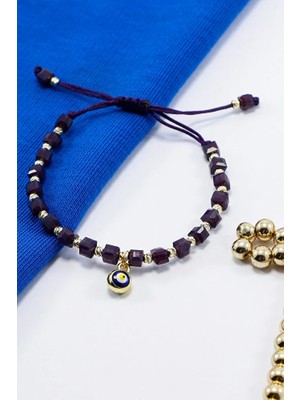 Biuti Asansörlü Mor Renkli Cam Nazar Boncuklu Bileklik, Hediyelik Bileklik