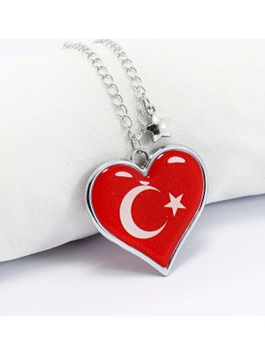 Biuti Dikiz Ayna Süsü, Çift Taraflı Metal Kırmızı Kalpli Türk Bayrağı, Metal Yıldız Detaylı Zincirli