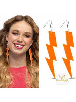 NW NessiWorld 80’ler 90&amp;#39;lar Retro Neon Turuncu Şimşek Küpe 10 cm
