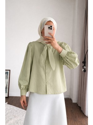 RFK Butik Kadın Etek Üstü Yaka Bağlamalı Poplin Gömlek - Açık Yeşil