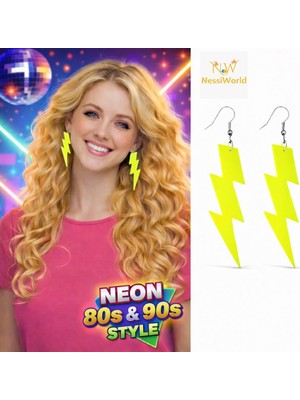 NW NessiWorld 80’ler 90&amp;#39;lar Retro Neon Sarı Şimşek Küpe 10 cm