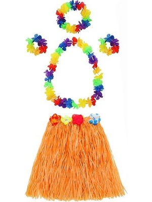NW NessiWorld Yetişkin ve Çocuk Uyumlu Luau Aloha Hawaii Turuncu Etek ve Renkli Kolye Taç 2 Adet Bileklik Seti
