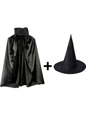 NW NessiWorld Siyah Yakalı Pelerin ve Siyah Cadı Şapkası Seti Çocuk Boy