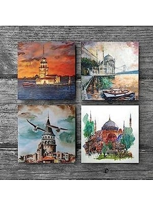 SÜS Istanbul Ayasofya, Galata Kulesi, Kız Kulesi, Ortaköy Taş Bardak Altlığı Seti - 4 Parça - Dekoratif, Rustik Mutfak Aksesuarı, 10X10 Cm, Kaydırmaz Tabanlı, Şık ve Dayanıklı SC105