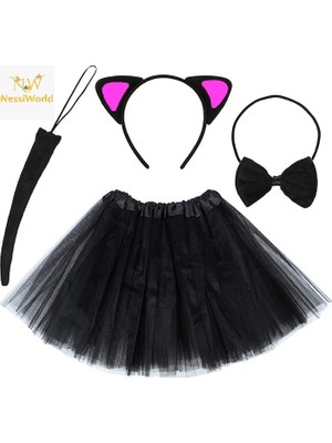 NW NessiWorld Kedi Kulak Taç Etek Kuyruk ve Papyon 4 Lü Set Çocuk Fuşya