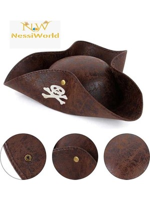 NW NessiWorld Kaptan Jack Korsan Şapkası Vinleks Deri Denizci Korsan Şapkası