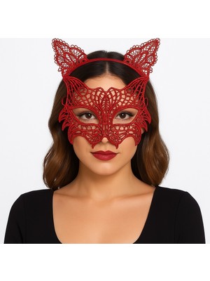 NW NessiWorld Nessiworld Kırmızı Dantel Kedi Maskesi ve Dantel Taç Seti – Kadın Kostüm Aksesuarı