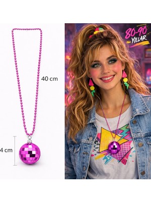 NW NessiWorld Retro Disko Topu Şekilli 80&amp;#39;ler 90&amp;#39;lar Fuşya Pembe Renk Plastik Kolye