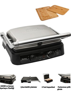 Tefal Grill Gourmet Minute Tost Makinesi ve Izgara 2000 Watt Inox Paslanmaz Çelik 6 Dilim Kapasiteli + Hediye Doğal Ahşap Kesme Tahtası Seti