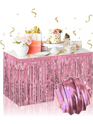 NW NessiWorld Kendinden Yapışkanlı Rose Gold Metalize Püsküllü Masa Eteği – 75 x 275 cm Parti Süslemesi