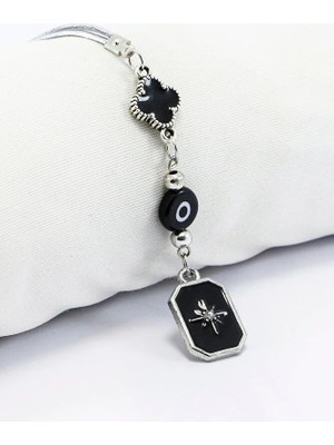 Biuti Siyah Beyaz Cam Nazar Boncuğu Siyah Yonca Metal Kuzey Yıldızı Araba Dikiz Ayna Süsü Gümüş Renkli