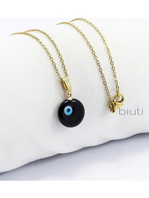 Biuti Siyah El Yapımı Nazar Boncuğu Gold Renkli Zincirli Çelik Kolye, Hediyelik Kolye