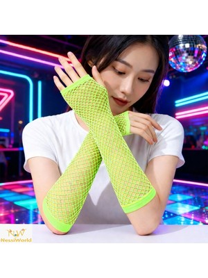 NW NessiWorld 80’ler 90’lar Retro Neon Yeşil File Parmaksız Eldiven 26 cm