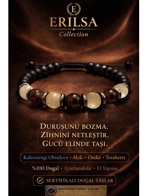 Tesbih Atölyesi Erilsa Sertifikalı Oniks Kahverengi Obsidyen Akik Taşı Bileklik - 8 mm Doğal Taş Terahertz Aparatlı