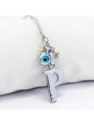 Biuti Metal Nazar Boncuğu Yıldız P Harfli Dikiz Ayna Süsü, Elastik Ipli Hediyelik Yeni Araba Hediyesi