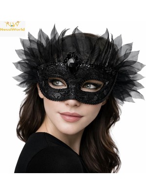 NW NessiWorld Siyah Taşlı Venedik Maskesi Lüks Tüllü Parti Maskesi