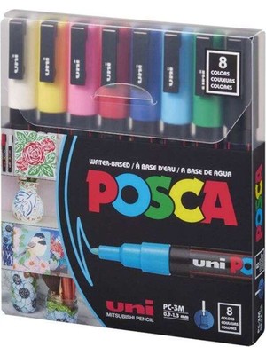 Uni-Ball Markör Boyama Kalemi Posca 0.9-1.3 Su Bazlı Ana Renk 8 Renk PC-3M/8C Set