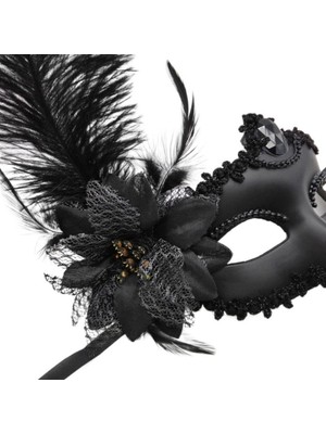 NW NessiWorld Siyah Mat Renk Yandan Tüylü Güllü Parti Balo Venedik Maskesi 16X22