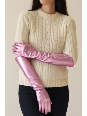 NW NessiWorld Uzun Boy Ekstra Parlak Saten Eldiven Pembe Renk Nessiworld