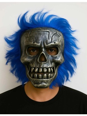 LuxeGem Wild Skull - Gümüş Kafatası Mavi Saçlı Iskelet Maske