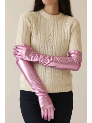 LuxeGem Uzun Boy Ekstra Parlak Saten Eldiven Pembe Renk