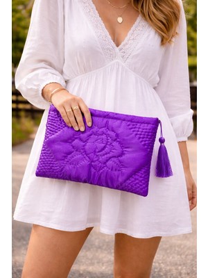 Ky Atelier Mor Saten Kapitone Portföy Çanta- El Yapımı Clutch- Abiye & Günlük Kullanım- Şık Kadın Çanta