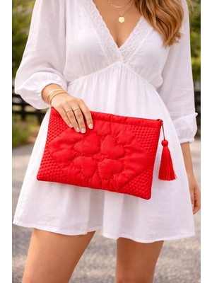 Ky Atelier Kırmızı Saten Kapitone Portföy Çanta- El Yapımı Clutch- Abiye & Günlük Kullanım- Şık Kadın Çanta