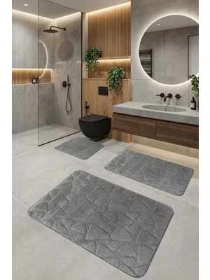 Çelebihome Gri Pamuk Banyo Paspası Makinede Yıkanabilir Kaymaz Taban Su Emici 3'lü Takım Banyo Paspası