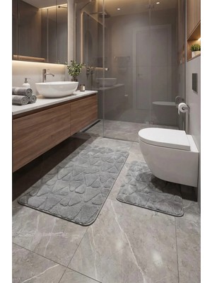 Çelebihome Gri Pamuk Banyo Paspası Makinede Yıkanabilir Kaymaz Taban Su Emici 2'li Takım Banyo Paspası