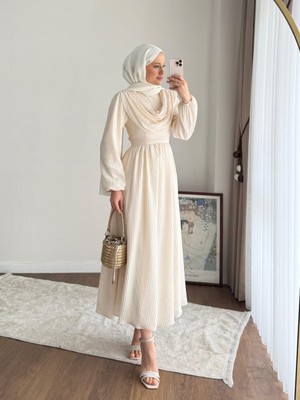 RFK Butik Kadın Twing Volanlı Yeni Sezon Elbise - Krem
