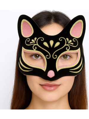 LuxeGem Siyah Renk Süet Kaplama Üzeri Pembe Sarı Simli Kedi Maskesi 17X14 cm