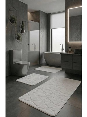 Çelebihome Beyaz Pamuk Banyo Paspası Makinede Yıkanabilir Kaymaz Taban Su Emici 3'lü Takım Banyo Paspası