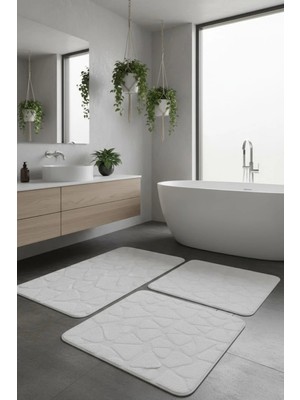 Çelebihome Beyaz Pamuk Banyo Paspası Makinede Yıkanabilir Kaymaz Taban Su Emici 3'lü Takım Banyo Paspası