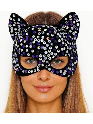 LuxeGem Siyah Kadife Kumaş Üzerine Mor Beyaz Payetli Pullu Parti Maskesi 16X14 cm