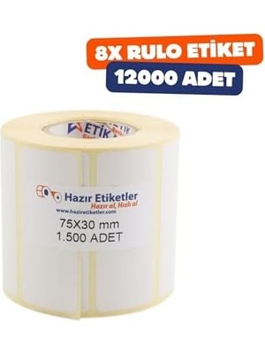 SÜS Eko Termal Rulo Etiket, 75MM x 30MM 12000 Adet 8 Rulo 40MM Çapı Barkod Yazıcılar ile Uyumludur, Ribon Kullanmadan Yazdırılabilir.