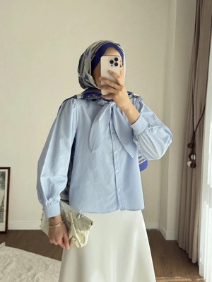RFK Butik Kadın Etek Üstü Yaka Bağlamalı Poplin Gömlek - Mavi