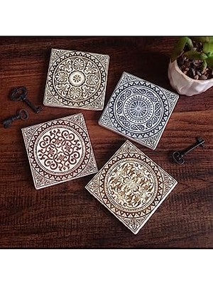 SÜS Etnik Desen Taş Bardak Altlığı Seti - 4 Parça - Dekoratif, Rustik Mutfak Aksesuarı, 10X10 Cm, Kaydırmaz Tabanlı, Şık ve Dayanıklı SC114