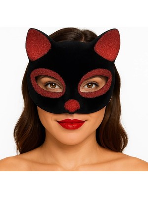LuxeGem Siyah Renk Kırmızı Simli Süet Kaplama Kedi Maskesi 18X14 cm