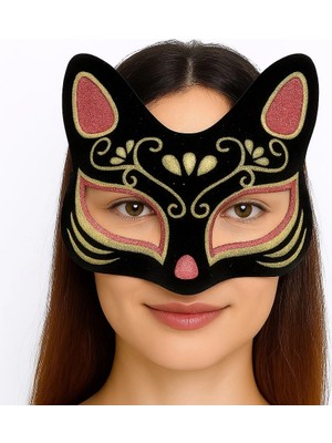 LuxeGem Siyah Renk Süet Kaplama Üzeri Kırmızı Sarı Simli Kedi Maskesi 17X14 cm