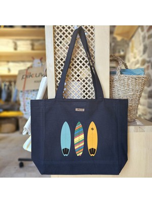 Bumudur Aksesuar Renkli Sörf Tahtası Deseni Baskılı Siyah Kanvas Bez Çanta Sap Gri̇ Beyaz Kareli̇ Astarlı Cırt Cırtlı Suluk Tutuculu - Büyük