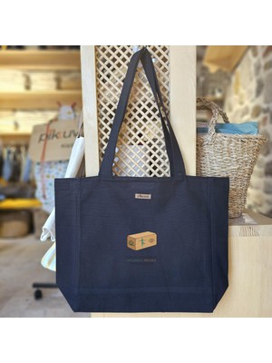 Bumudur Aksesuar Denge Tahtası ve Lotus Çiçeği Baskılı Siyah Kanvas Bez Çanta Sap Gri̇ Beyaz Kareli̇ Astarlı Cırt Cırtlı Suluk Tutuculu - Küçük