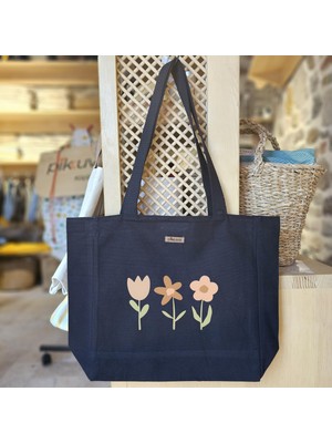 Bumudur Aksesuar Pastel Renkli Çiçekler Baskılı Siyah Kanvas Bez Çanta Sap Gri̇ Beyaz Kareli̇ Astarlı Cırt Cırtlı Suluk Tutuculu - Büyük