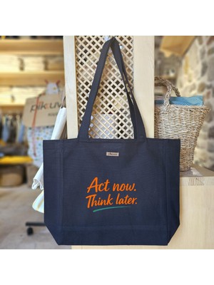 Bumudur Aksesuar Turuncu El Yazısı Logo Harekete Geç Sonra Düşün Modern Stil Geçme Çağrısı Baskılı Siyah Kanvas Bez Çanta Sap Gri̇ Beyaz Kareli̇ Astarlı Cırt Cırtlı Suluk Tutuculu - Büyük