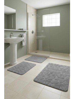 Çelebihome Gri Pamuk Banyo Paspası Makinede Yıkanabilir Kaymaz Taban Su Emici 3'lü Takım Banyo Paspası