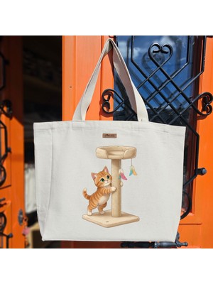 Bumudur Aksesuar Kedi Tırmalama Direği ve Renkli Tüyler Baskılı Naturel Kanvas Bez Çanta Sap Beyaz Cırt Cırtlı Suluk Tutuculu - Büyük