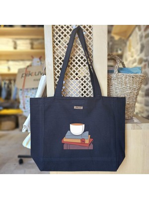 Bumudur Aksesuar Sıcak Çay ve Kitaplar Baskılı Siyah Kanvas Bez Çanta Sap Gri̇ Beyaz Kareli̇ Astarlı Cırt Cırtlı Suluk Tutuculu - Büyük