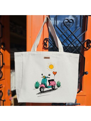 Bumudur Aksesuar Renkli Scooter ve Güneş Baskılı Naturel Kanvas Bez Çanta Sap Beyaz Cırt Cırtlı Suluk Tutuculu - Büyük